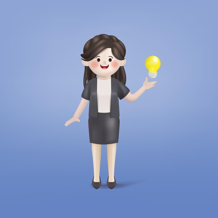 Vetor grátis ilustração 3d vector empresária fofa tem ideia com símbolo de lâmpada 3d desenho de desenho vetorial