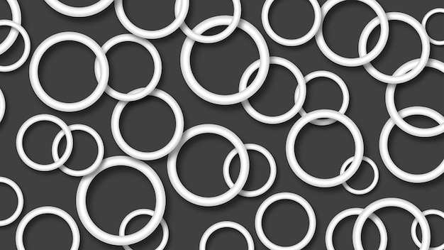 Ilustração abstrata de anéis brancos dispostos aleatoriamente com sombras suaves em fundo preto