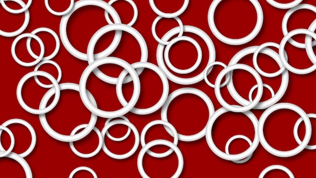 Ilustração abstrata de anéis brancos dispostos aleatoriamente com sombras suaves sobre fundo vermelho