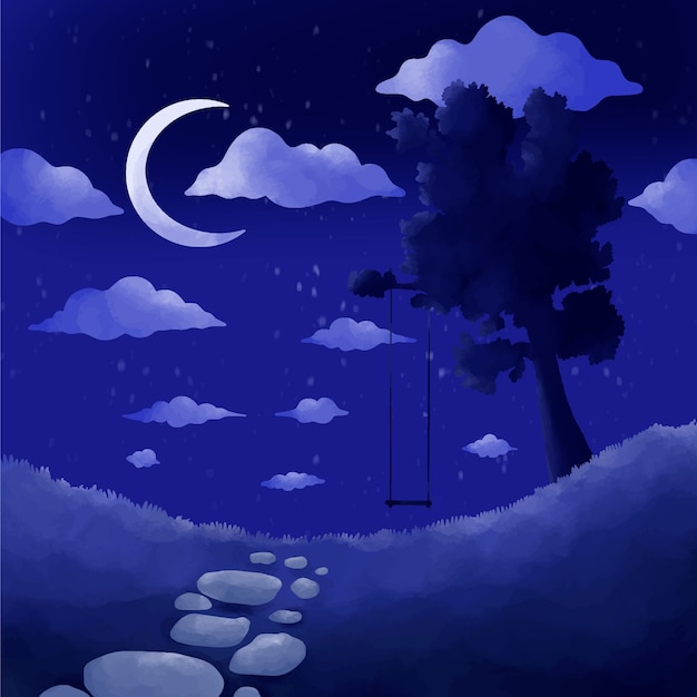 Ilustração aquarela de noite de verão com balanço debaixo da árvore