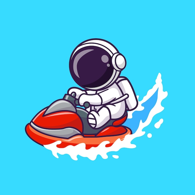 Vetor grátis ilustração bonito do ícone do vetor dos desenhos animados do jet ski do equitação do astronauta. ciência transporte isolado plana