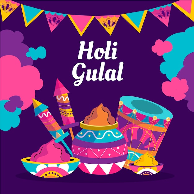 Ilustração colorida de holi gulal desenhada à mão