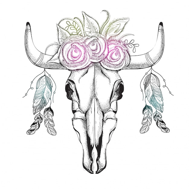 Ilustração criativa desenhada a mão de bull's head com grinalda de flores e penas étnicas, elemento de estilo boho.