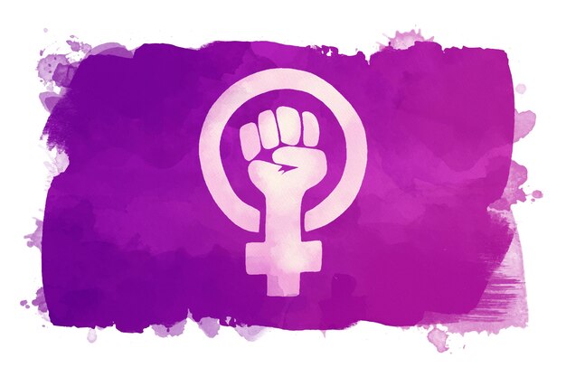 Ilustração da bandeira feminista em aquarela com punho e símbolo feminino