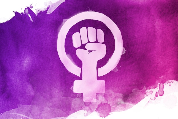 Ilustração da bandeira feminista em aquarela com punho e símbolo feminino