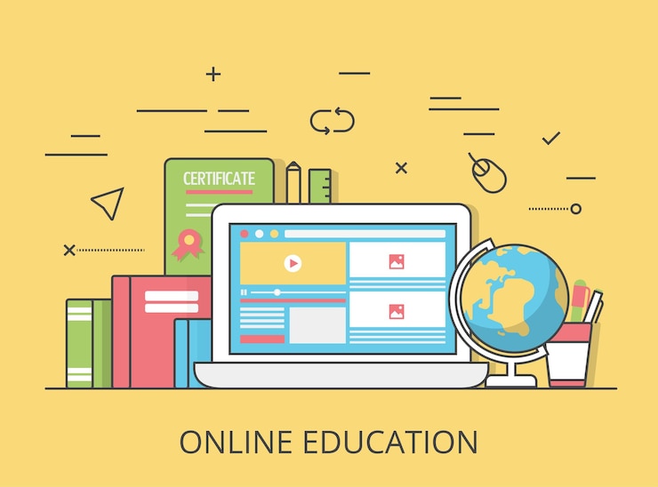 Vetor grátis ilustração da imagem do herói do site de educação on-line plana linear. ensino e conhecimento, tutorial remoto e conceito de curso. laptop com interface de vídeo-cursos na tela, certificado e livros