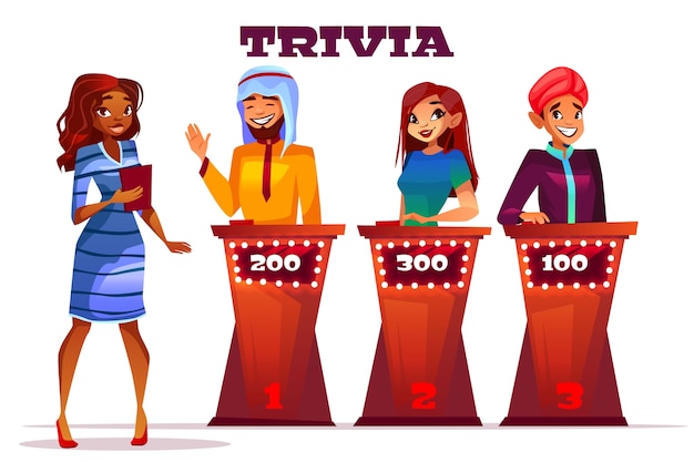 Vetor grátis ilustração da mostra do jogo da trivialidade do questionário. jogadores afro-americanos afro-americanos da pergunta do apresentador