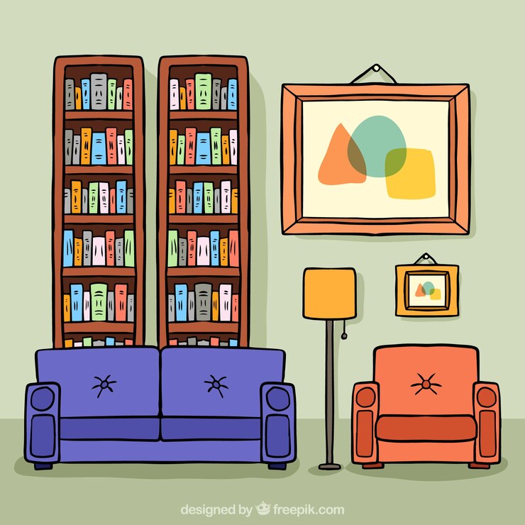 Vetor grátis ilustração da sala de estar com mesa e prateleiras