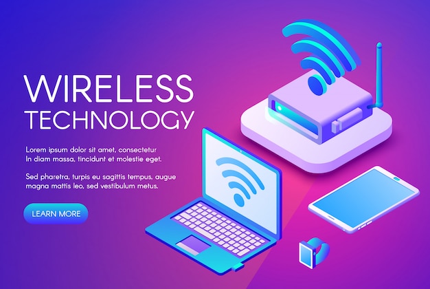 Ilustração da tecnologia sem fio da transferência de dados do Internet em dispositivos digitais.