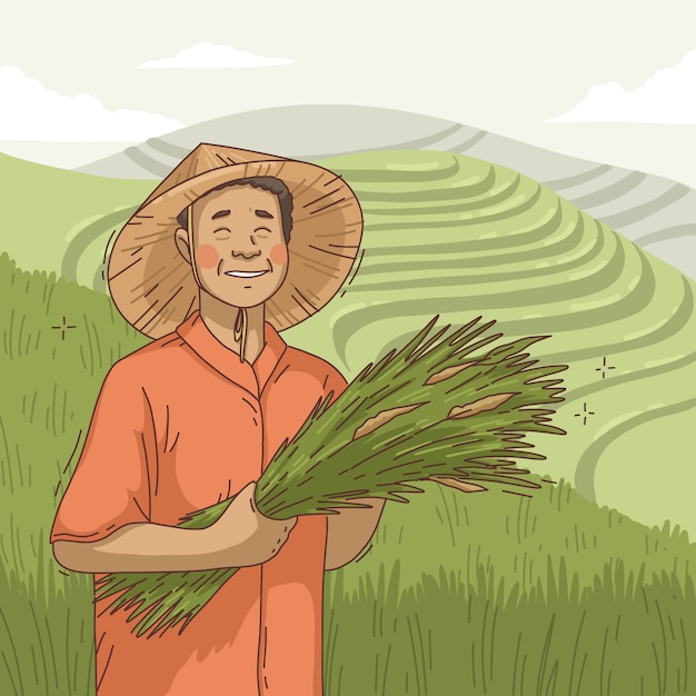 Ilustração de agricultor asiático desenhada à mão