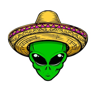 Ilustração de alienígena no sombrero isolado no fundo branco. elemento de design para logotipo, etiqueta, crachá, sinal. ilustração vetorial