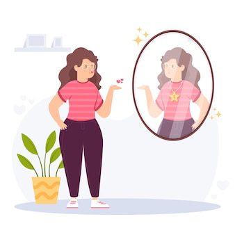 Ilustração de alta autoestima com mulher e espelho