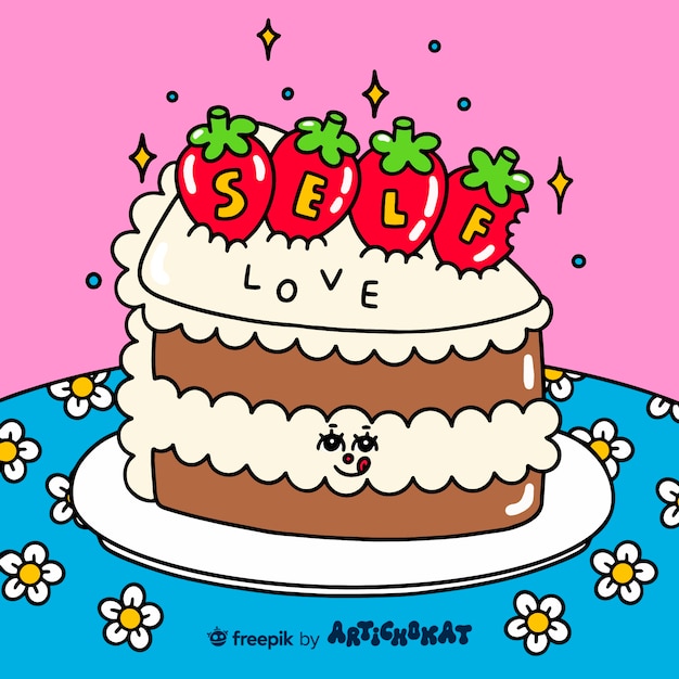 Ilustração de amor próprio com delicioso pedaço de bolo