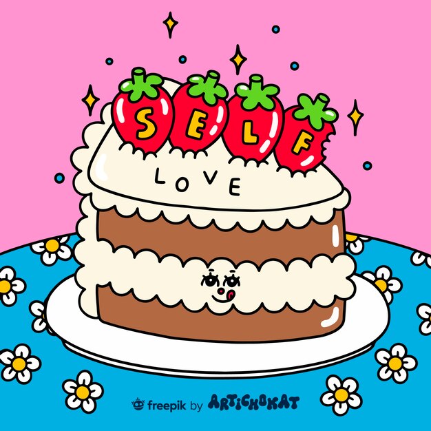 Ilustração de amor próprio com delicioso pedaço de bolo