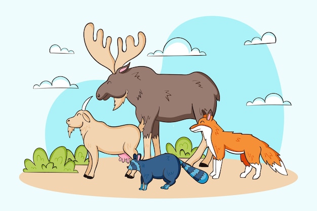 Ilustração de animais selvagens desenhados à mão