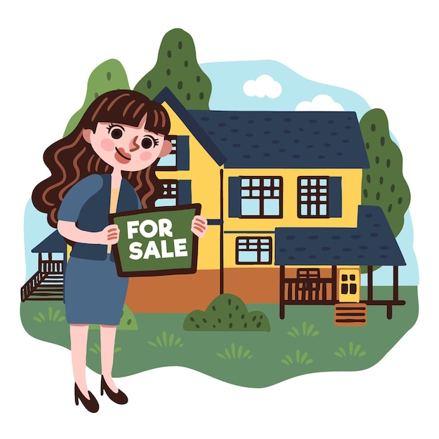 Vetor grátis ilustração de assistência de corretor de imóveis com mulher e casa