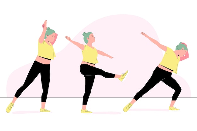 Ilustração de aula de fitness de dança desenhada à mão plana