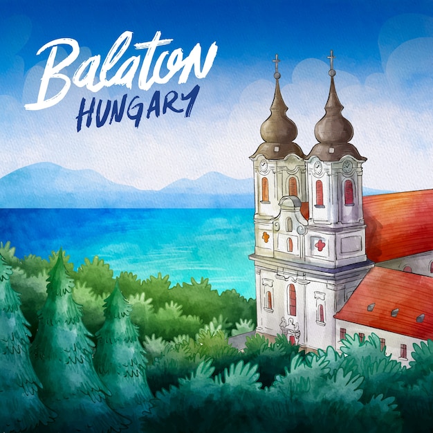 Ilustração de balaton de lago em aquarela