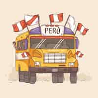 Vetor grátis ilustração de bandeiras do peru em um ônibus amarelo