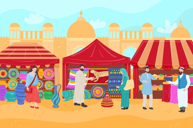 Ilustração de bazar árabe com comerciantes e clientes
