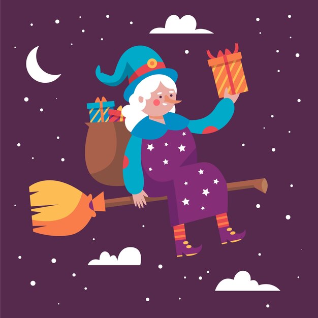 Ilustração de befana plana desenhada à mão