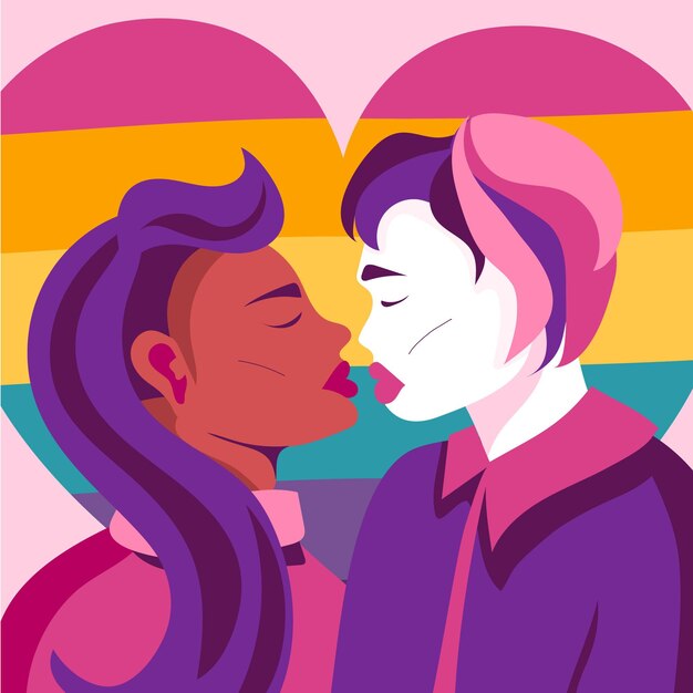 Ilustração de beijo de casal de lésbicas em design plano