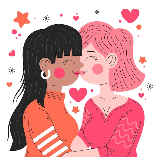 Ilustração de beijo de casal de lésbicas em design plano