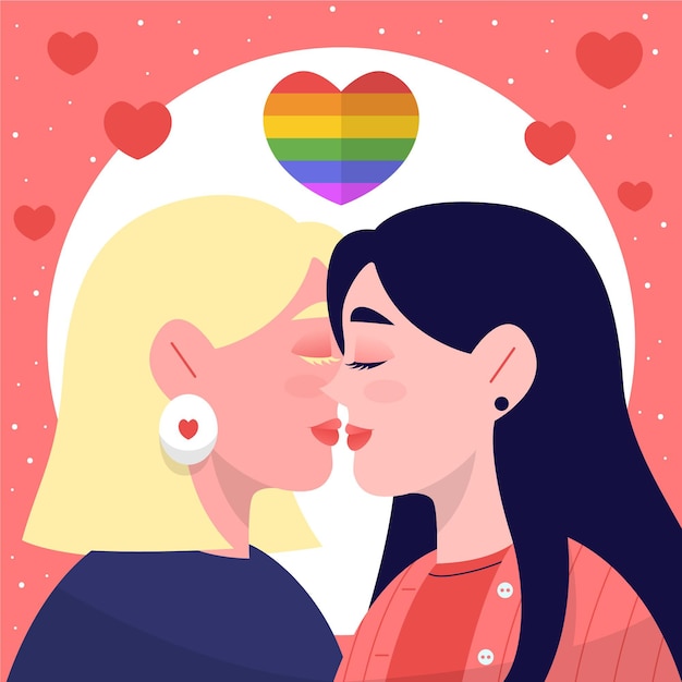 Ilustração de beijo de casal de lésbicas em design plano