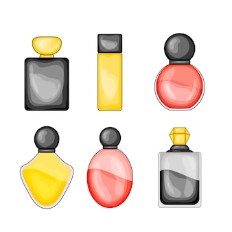 Ilustração de beleza com conjunto de frasco de perfume. estilo de desenho animado. vetor.