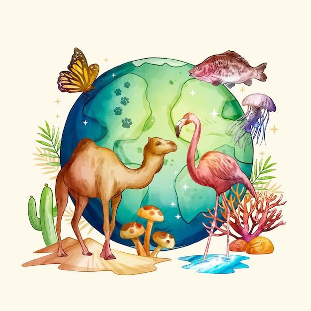 Ilustração de biodiversidade em aquarela