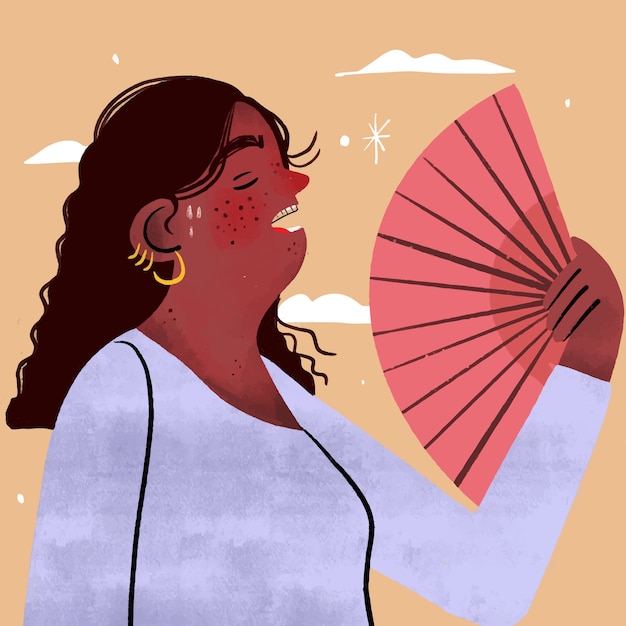 Ilustração de calor de verão desenhada à mão com mulher suando e usando ventilador de mão