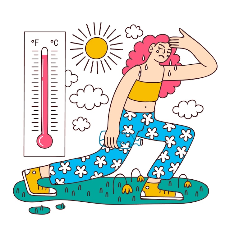 Vetor grátis ilustração de calor de verão desenhada à mão com pessoa e termômetro