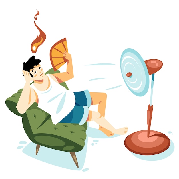 Ilustração de calor de verão desenhada à mão de um homem com ventilador