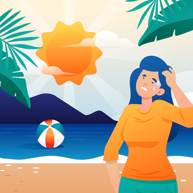 Vetor grátis ilustração de calor de verão gradiente com mulher suando na praia