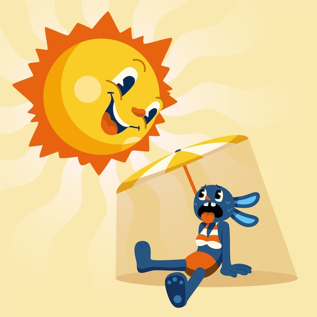 Ilustração de calor de verão plana com desenho na frente do sol