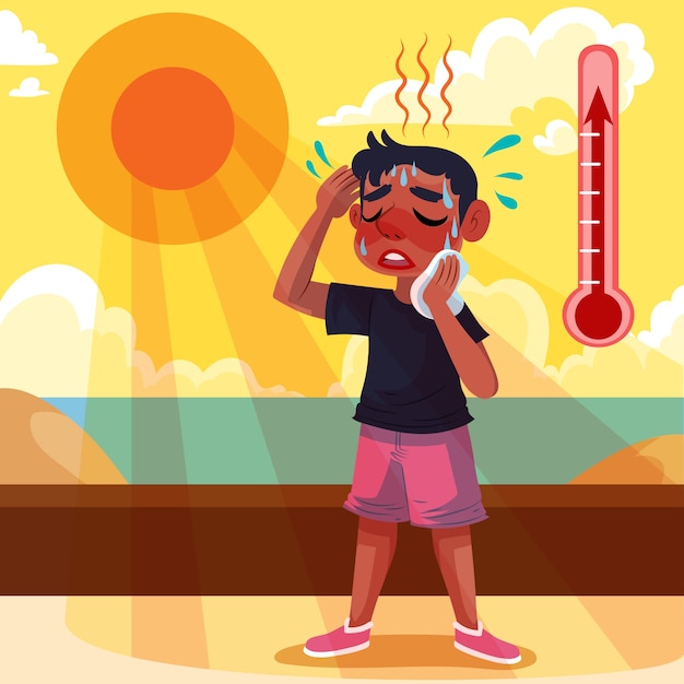 Ilustração de calor de verão plana com homem suando sob o sol