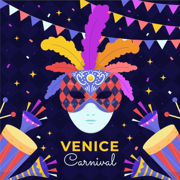 Ilustração de carnaval de veneza plana com máscara