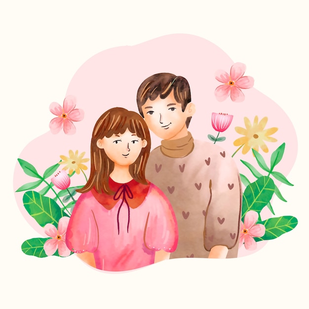 Ilustração de casal asiático em aquarela