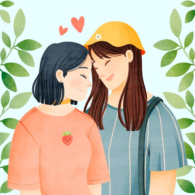 Ilustração de casal asiático em aquarela