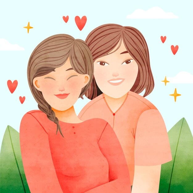 Ilustração de casal asiático em aquarela
