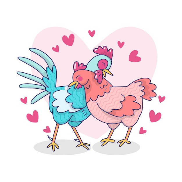 Ilustração de casal bonito galo e galinha