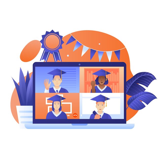 Ilustração de cerimônia de formatura virtual com diplomados