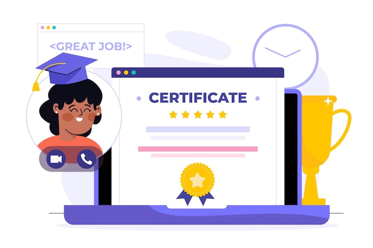 Vetor grátis ilustração de certificação on-line com laptop