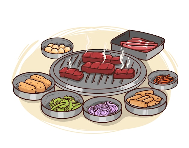 Vetor grátis ilustração de churrasco coreano desenhada à mão