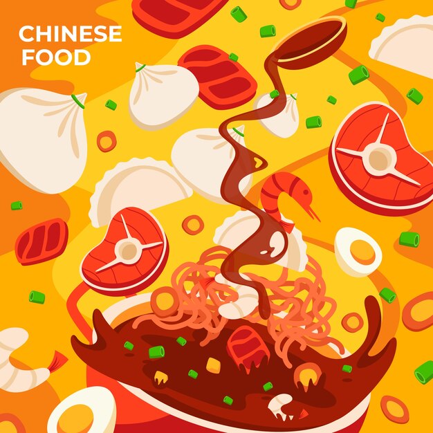 Ilustração de comida chinesa de design plano desenhado à mão