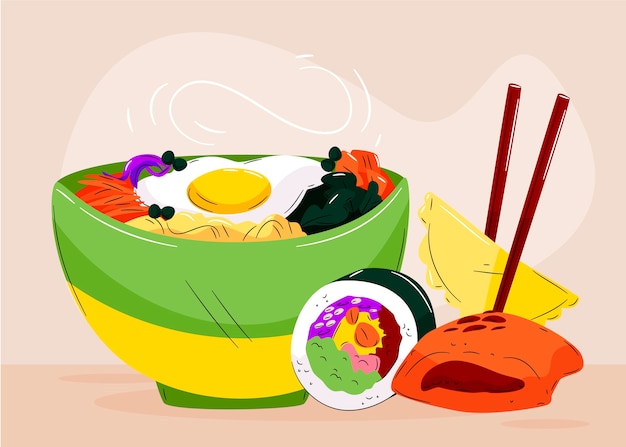 Ilustração de comida coreana de design plano desenhado à mão