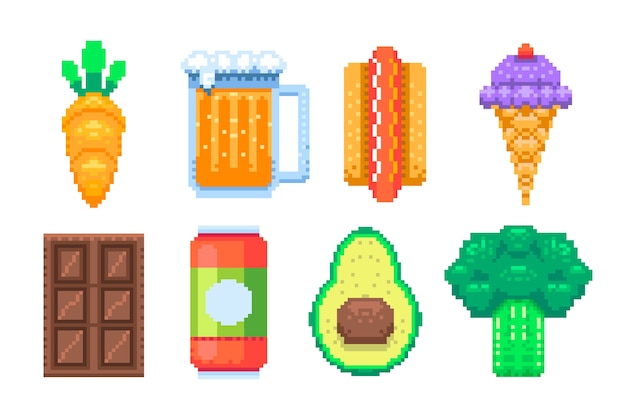 Ilustração de comida de pixel art de design plano