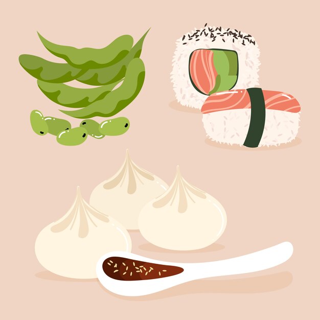 Ilustração de comida japonesa de design plano desenhado à mão