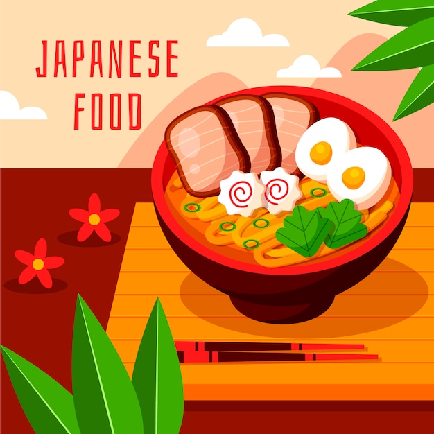 Ilustração de comida japonesa de design plano