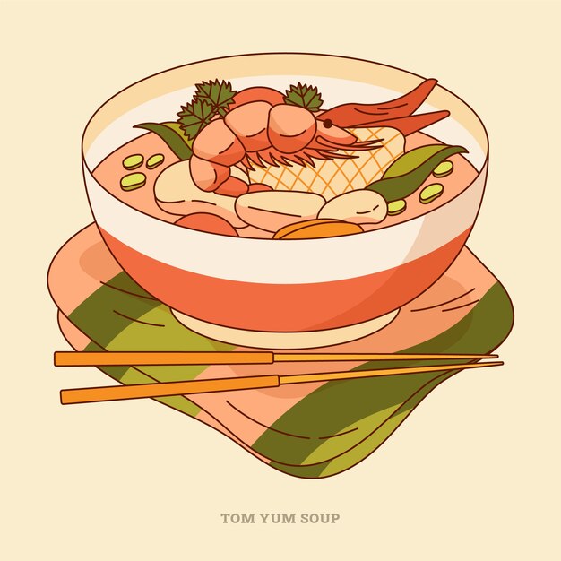 Ilustração de comida tailandesa desenhada à mão